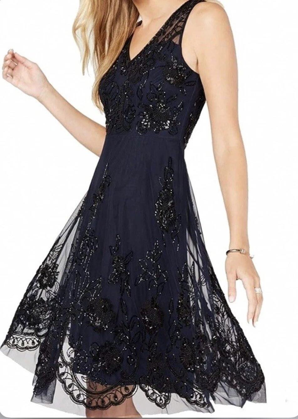 Adrianna Papell Navy Beaded Cocktail Dress Womens Sz 2 Sleeveless Mesh V Neck